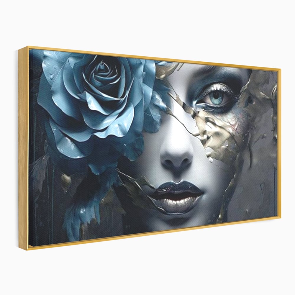 Tablou canvas cu tablou canvas cu chip de femeie si trandafir albastru, in rama de aluminiu auriu